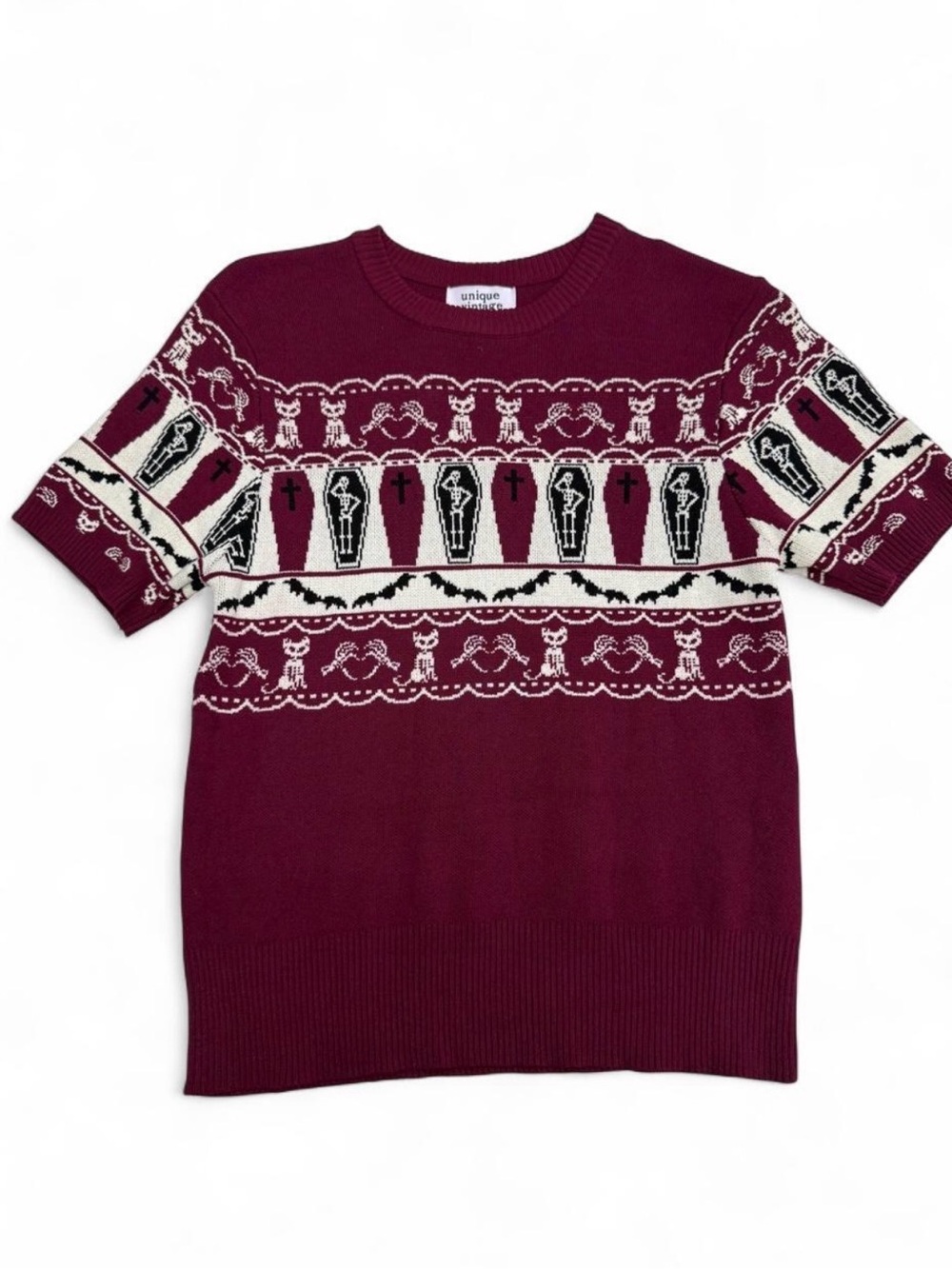NWT Unique Vintage Women's Burgundy Coffin Pattern Short-Sleeve Sweater Sz XS